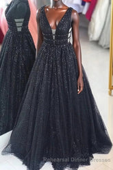 Black Sparkly V-neck For Mal Semi Formal Prom Dresses Pretty Princess Dresses For Teens